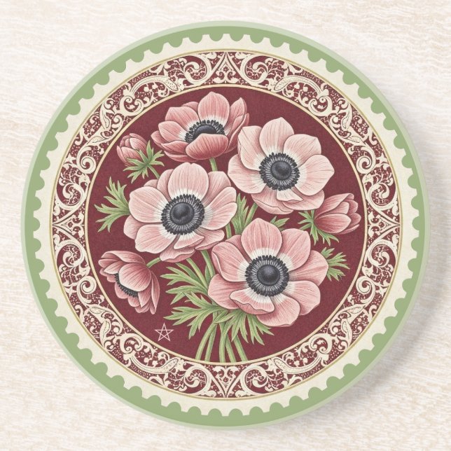 Create Your Own Victorian Pink Anemones Stamp Coaster (Front)