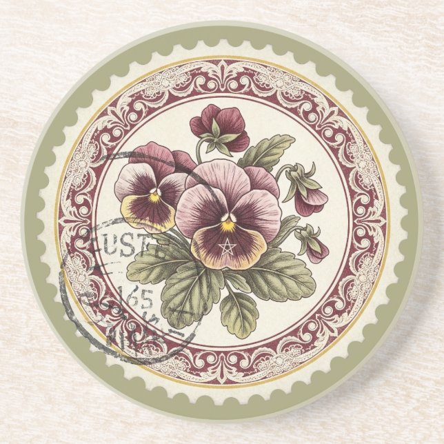 Create Your Own Victorian Pink Pansies Stamp Coaster (Front)
