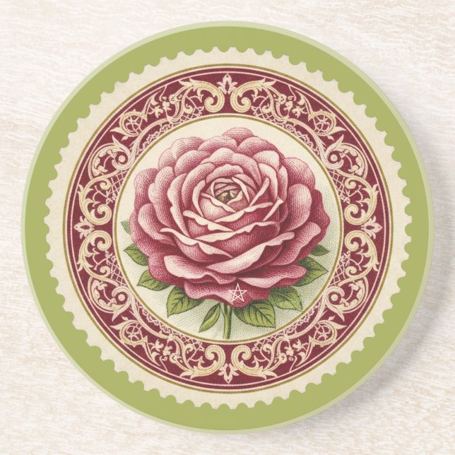 Create Your Own Victorian Pink Rose Stamp Coaster (Front)