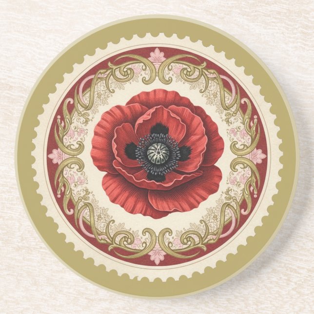 Create Your Own Victorian Red Poppy Stamp Coaster (Front)