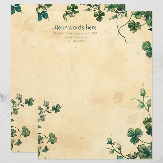 Create Your Own Vintage Clover Shamrocks Letterhead (Front/Back)