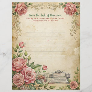 Create Your Own Vintage Pink Roses Typewriter Note Letterhead