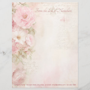 Create Your Own Vintage Pink White Roses Ephemera Letterhead