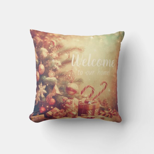 Create Your Own Warm Christmas Tree & Peppermint Throw Pillow (Front)