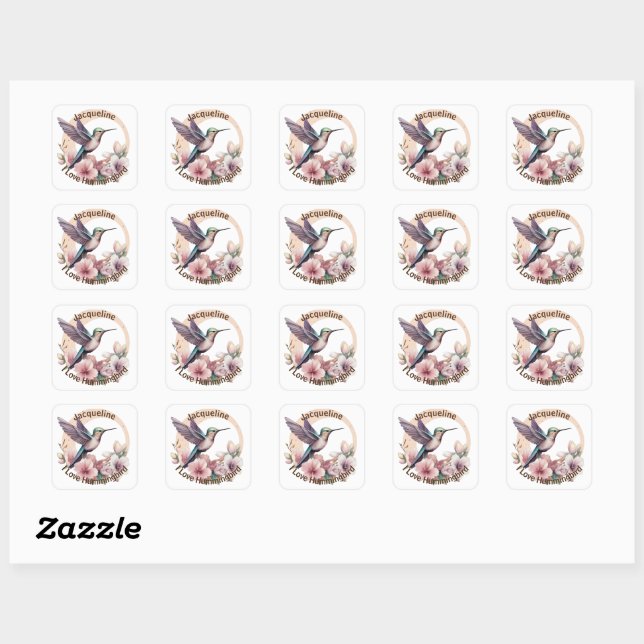 Create Your Own Watercolor Hummingbird Custom Name Square Sticker (Sheet)