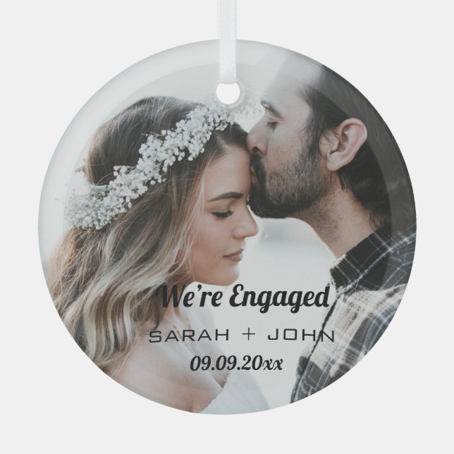 Create your own We’re Engaged Photo  Glass Ornament (Front)