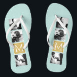 Create Your Own Wedding Photo Collage Monogram Flip Flops<br><div class="desc">2015 colours of mint and gold foil print background - Use 3 square photos to create a unique and personal anniversary gift. Add the bride and groom's initials. If you need to adjust the pictures or monograms,  click on the customize tool to make changes.</div>