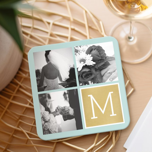 Create Your Own Wedding Photo Collage Monogram Square Paper Coaster (Wedding and Anniversary Coasters - Personalize with a photo collage)