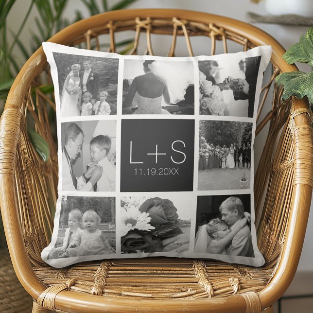 Create Your Own Wedding Photo Collage Monogram Throw Pillow (Custom Anniversary Photo Pillow)