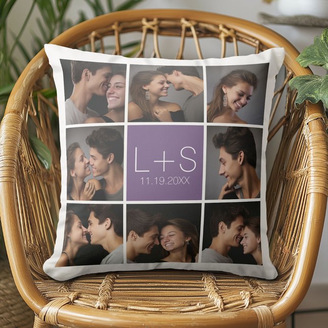 Create Your Own Wedding Photo Collage Monogram Throw Pillow (Custom Anniversary Pillow)