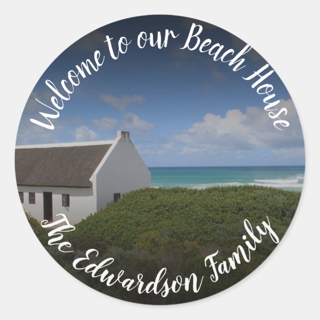 Create your own "welcome to beach house" family classic round sticker (Front)