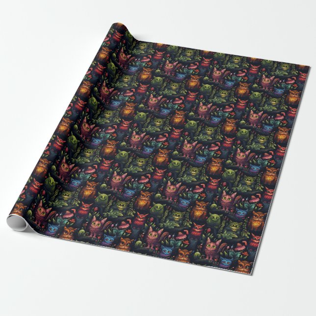 Create Your Own Whimsical Fantasy Cats Owls Wrapping Paper (Unrolled)