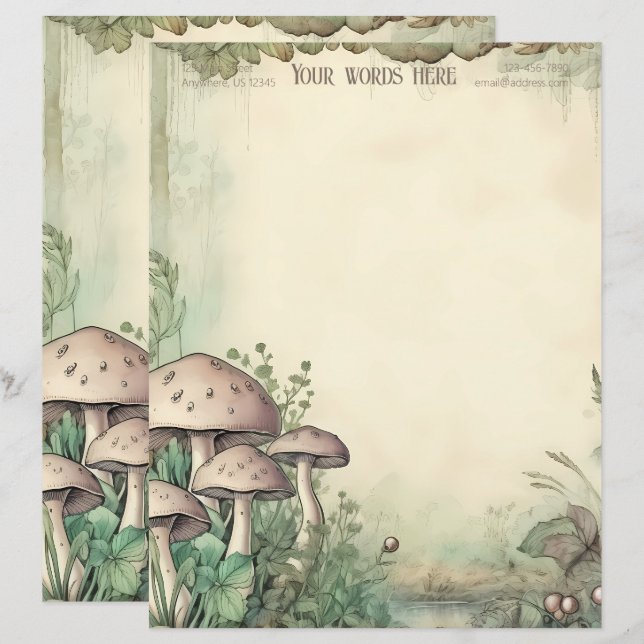 Create Your Own Whimsical Pink Mushrooms Letterhead (Front/Back)