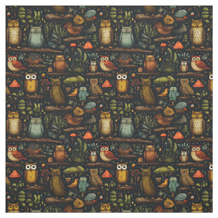 Create Your Own Wild Forest Owls Birds Black Fabric