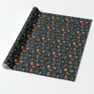 Create Your Own Wild Goblin Cats Birds Black Wrapping Paper