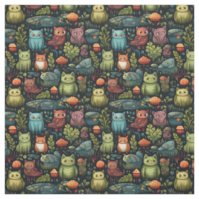 Create Your Own Wild Goblin Cats Black Fabric (Swatch)