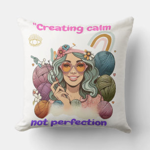 Creating calm, not perfection - Retro knitting gir Throw Pillow