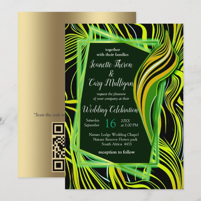 Creative Black, Green & Orange Seamless Abstracts Invitation (Front/Back)
