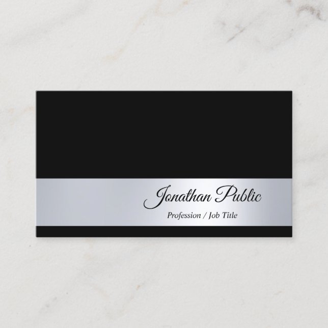 Creative Black Silver Handwritten Italic Script Business Card (Front)