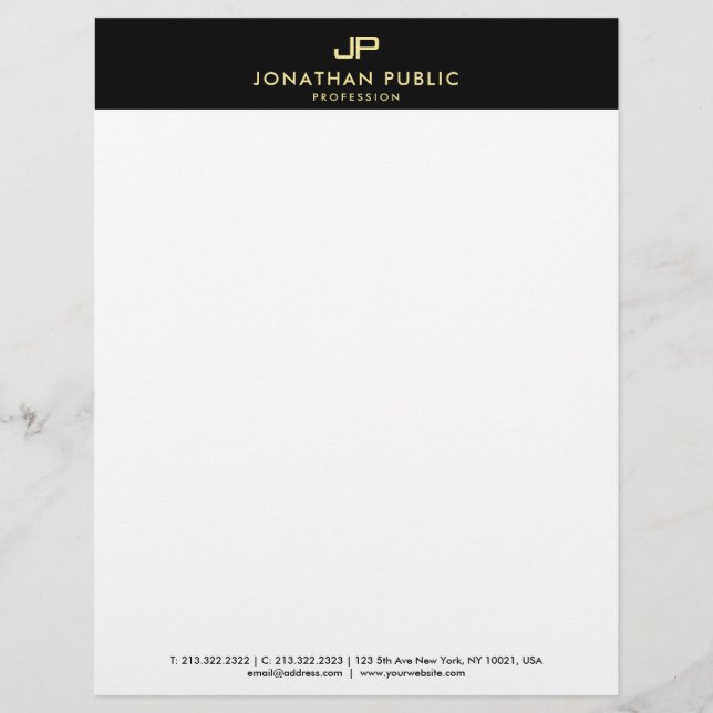 Creative Black White Gold Monogram Simple Modern Letterhead (Front)