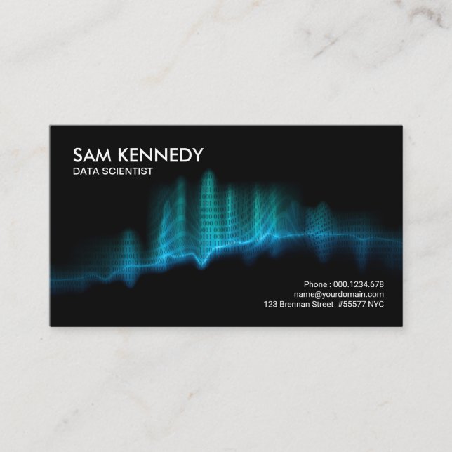 Creative Blue Binary Wave Flame Data Scientist Business Card (Front)