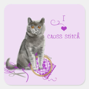 Creative Cat with Embroidery Hoop Sewing Square Sticker
