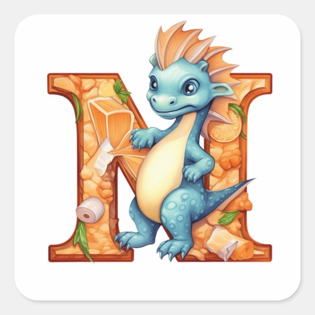 Creative Dinosaur with the Artistic Letter N Square Sticker (Front)