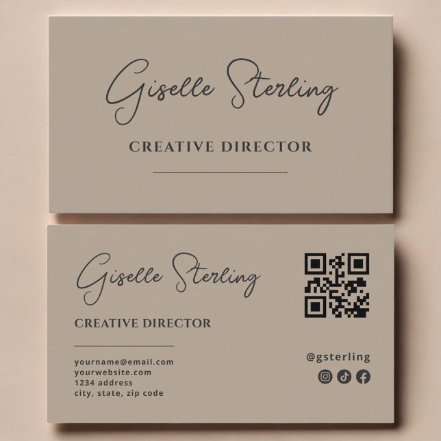 Creative Director Neutral Taupe Script QR Code Business Card (Creator Uploaded)