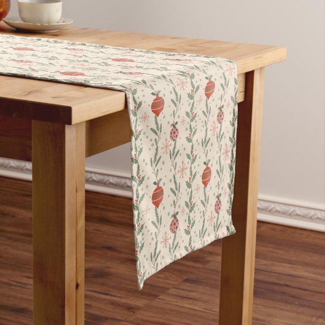 Creative elegant retro red stripes winter greenery short table runner (In Situ)