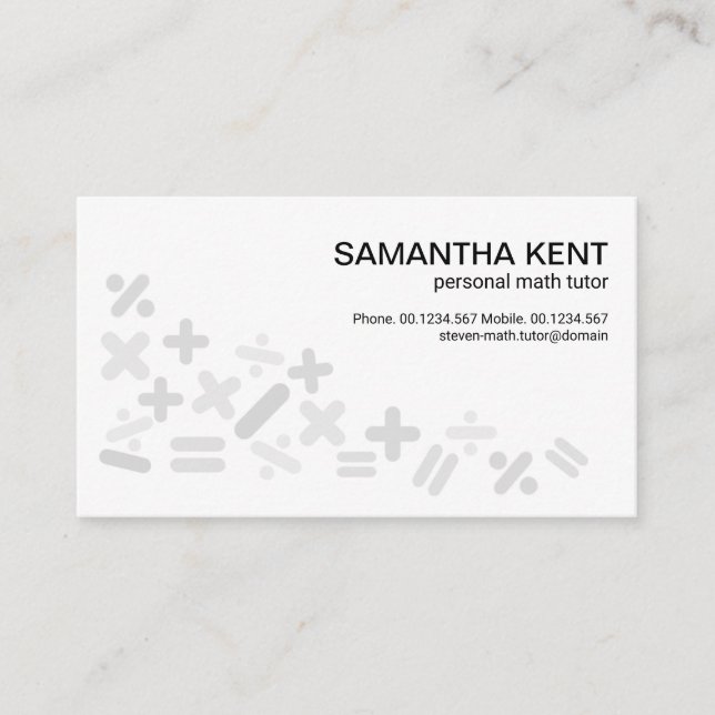 Creative Grey Math Symbols Motif Bookkeeping Business Card (Front)