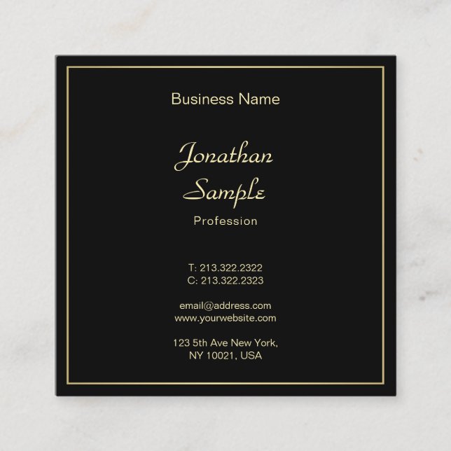 Creative Hand Script Font Elegant Black Gold Plain Square Business Card (Front)