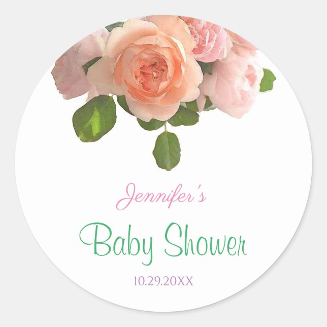 Creative Handwritten Baby Shower Watercolor Roses Classic Round Sticker (Front)