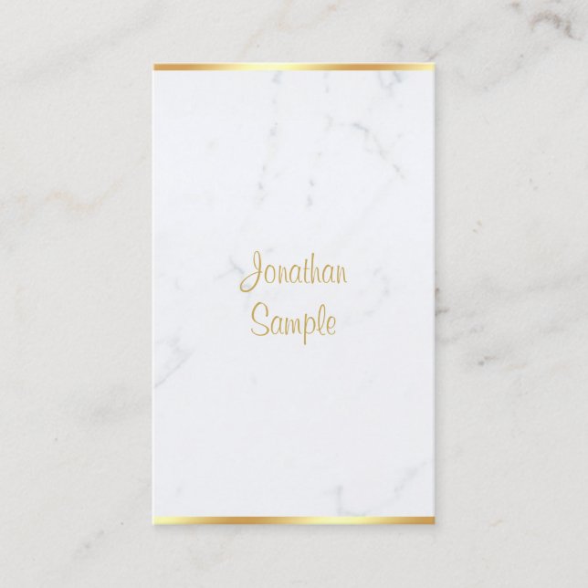 Creative Modern White Marble Gold Hand Script Luxe Business Card (Front)