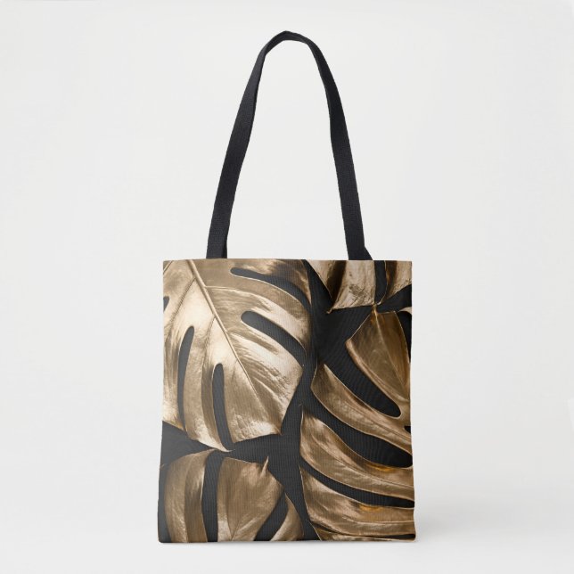Creative monstera leaves, black background. tote bag (Front)