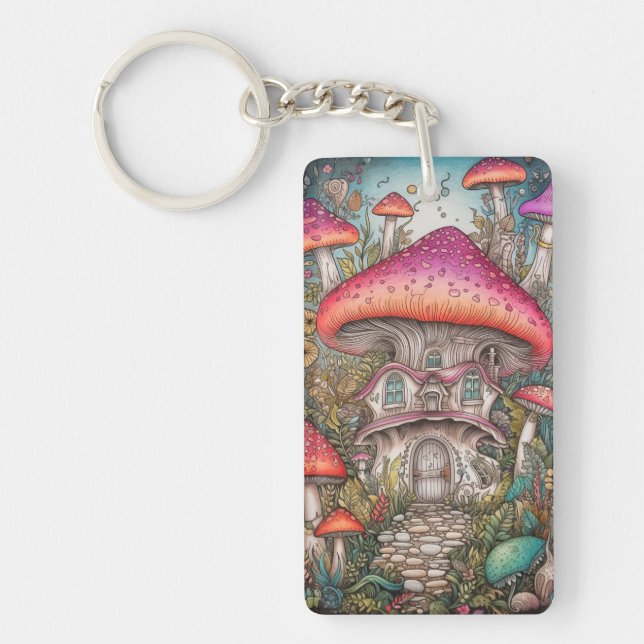 Creative Mushroom Hut Illustration Keychain (Front)