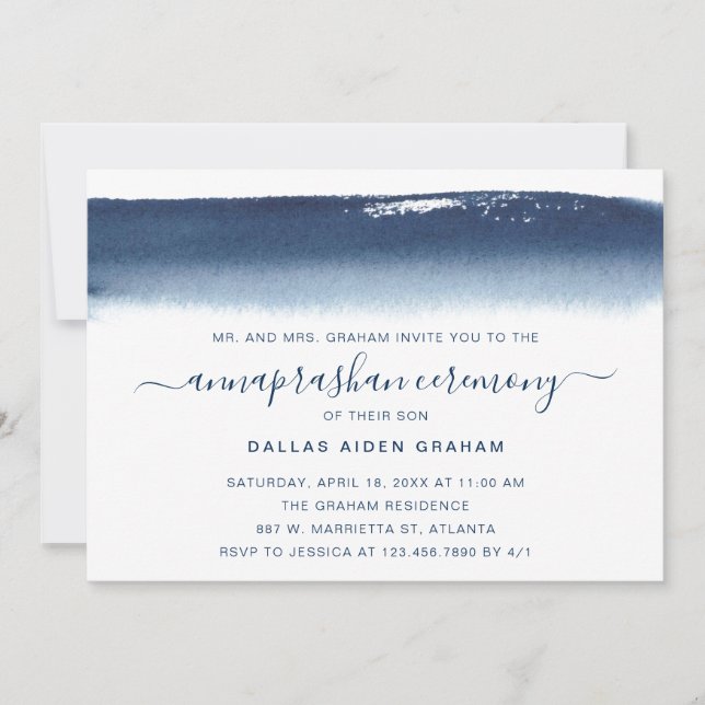 Creative Navy Blue Watercolor Annaprashan Invitation (Front)