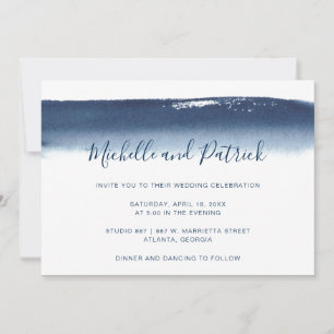 Creative Navy Blue Watercolor Brushstroke Wedding Invitation