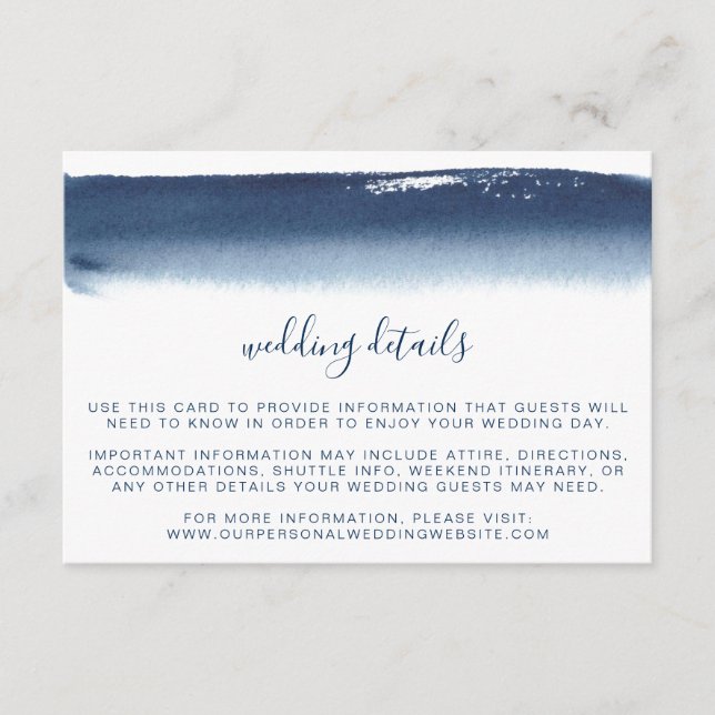 Creative Navy Blue Watercolor Wedding Details Enclosure Card (Front)