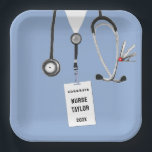 Creative Nurse Graduation Paper Plates<br><div class="desc">Personalized nursing school graduation party plates featuring blue hospital scrubs. Edit text to add nurse's name.</div>