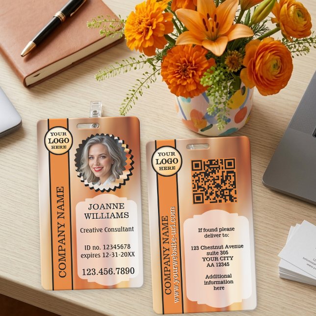 Creative Orange Stylish Professional Employee Badge (Creative orange stylish professional employee ID badge with photo and QR code template)