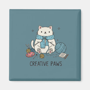 Creative Paws Knitting White Cat Blue Scarf Accent Magnet
