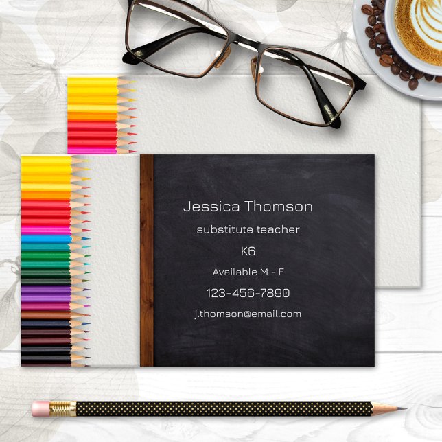 Creative Pencils Chalkboard Teacher Business Card (A cute colorful business card featuring pencils on a watercolor paper background with a chalkboard.)