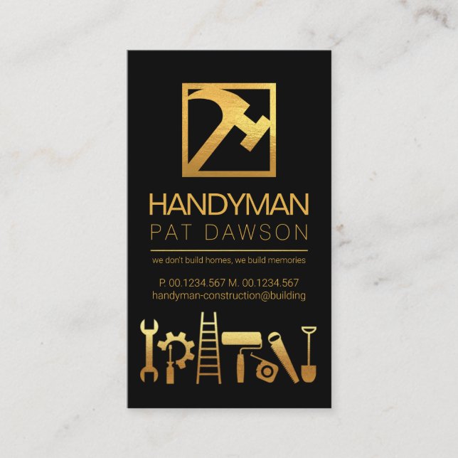 Creative Professional Gold Handyman Tools Hammer Business Card (Front)