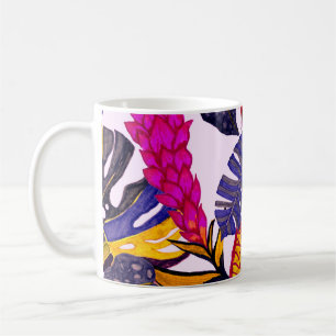 Creative seamless pattern with tropical leaves and coffee mug