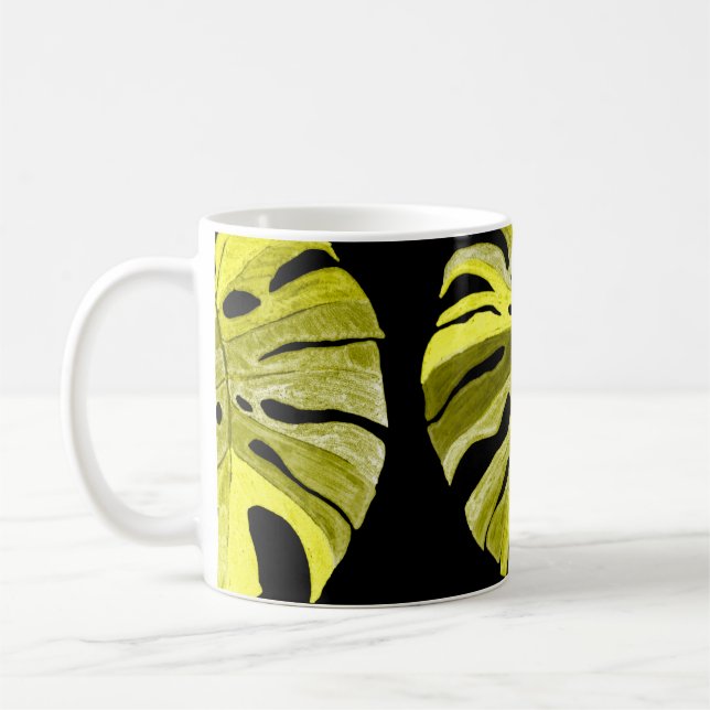 Creative seamless pattern with tropical leaves and coffee mug (Left)