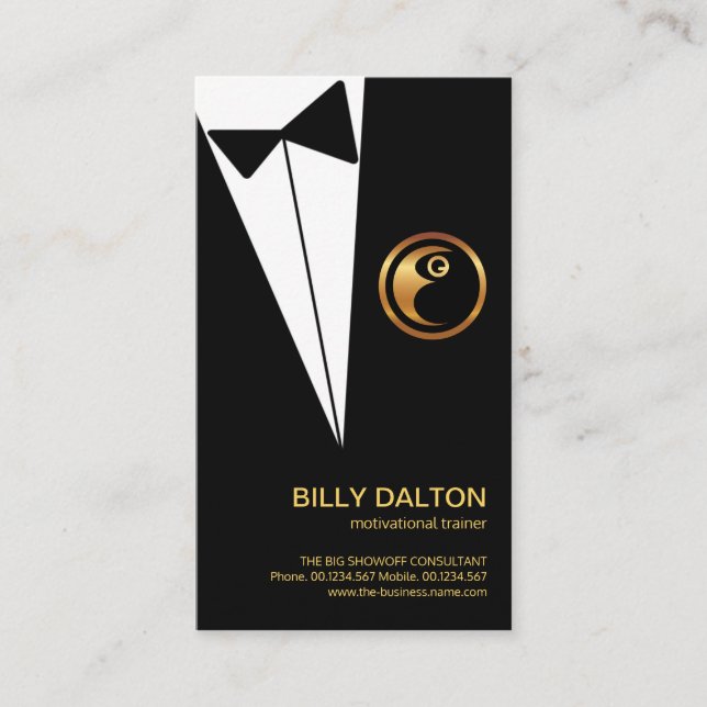 Creative Simple Black Tuxedo Motivational Speaker Business Card (Front)