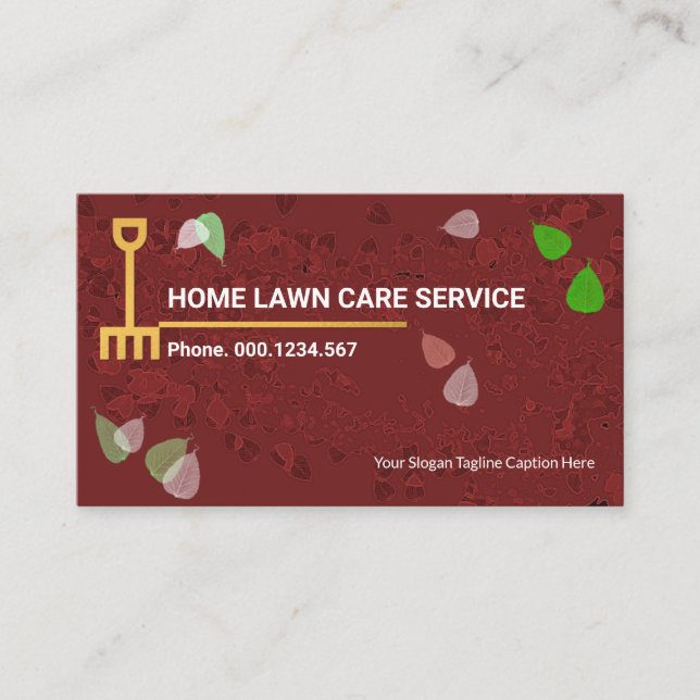 Creative Stylish Green Leaf Gold Rake Lawn Care Business Card (Front)