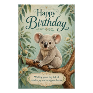 Creative Title Adorable Koala Eucalyptus Birthday Poster