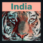 Creative Wildlife Tiger Pop Art India Travel Poster<br><div class="desc">This is a modern wildlife portrait in a pop art style of a Bengal Tiger face up close. This beautiful striped big jungle cat is native to the country of India so I added a typography element with the word: India on a top banner in complimentary colours and gave it...</div>