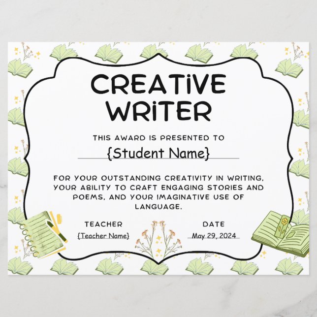 Creative Writer Student Recognition Award (Front)